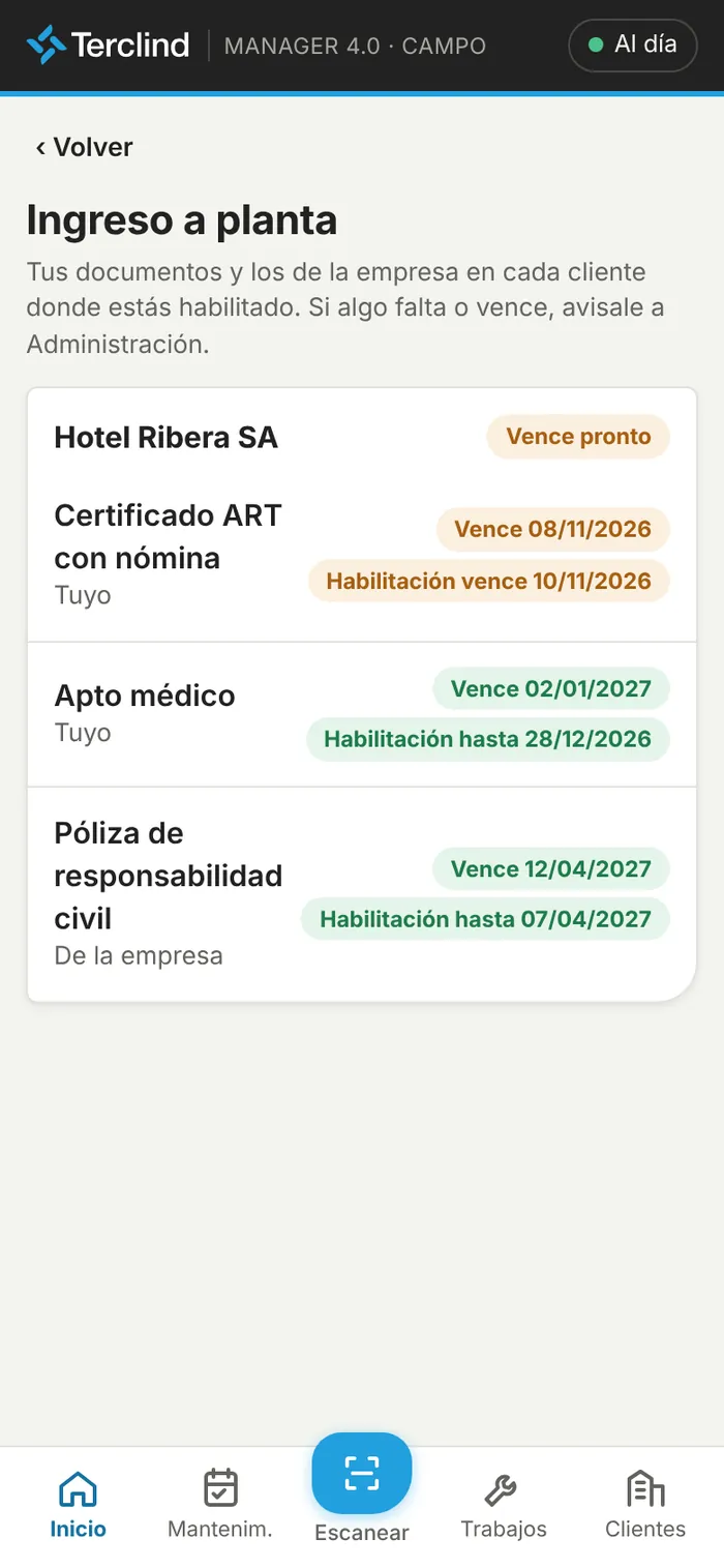 Mis habilitaciones para entrar a planta.