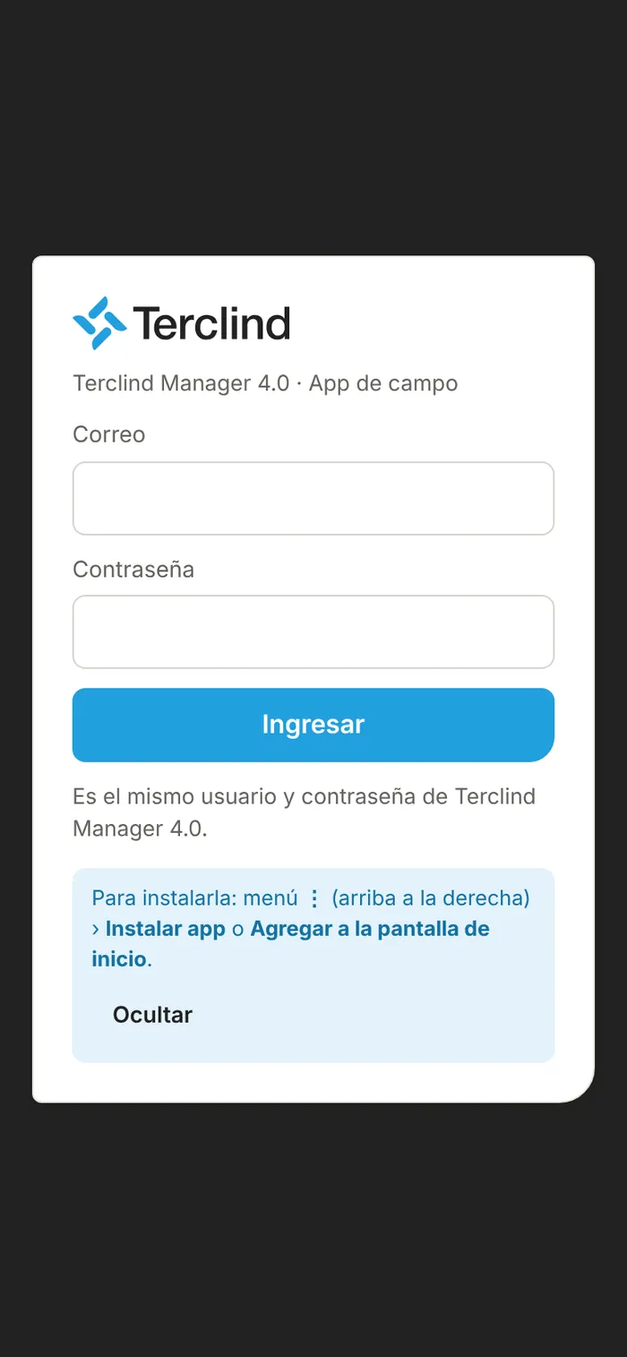 Pantalla de ingreso con la ayuda para instalar.