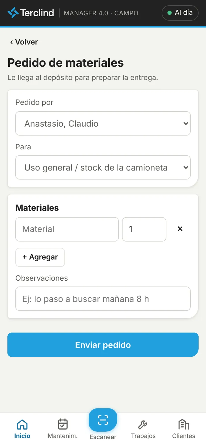 Pedido de materiales.