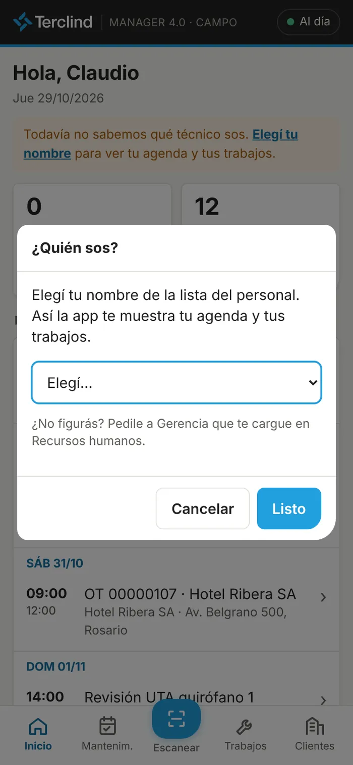 La app pregunta qué técnico sos.