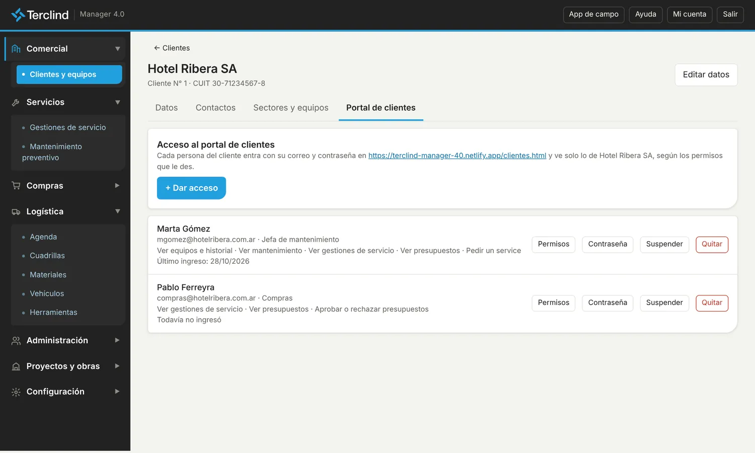 Accesos del cliente: permisos, último ingreso y acciones.