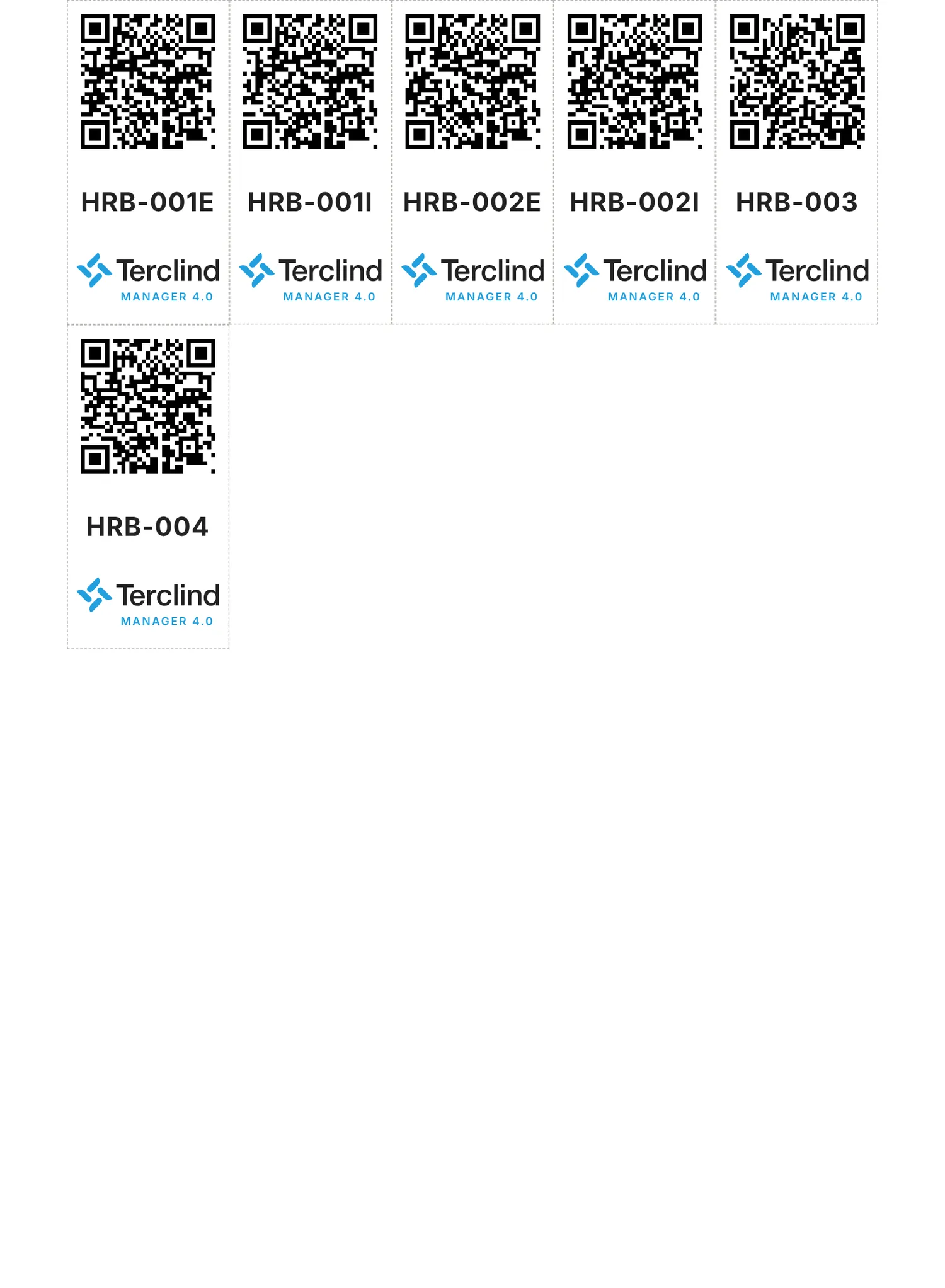 Etiquetas de 5 × 10 cm: QR, código del equipo y logo.