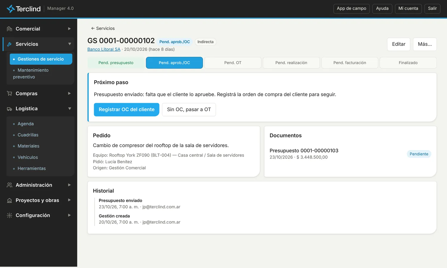 Presupuesto enviado: falta registrar la OC del cliente.